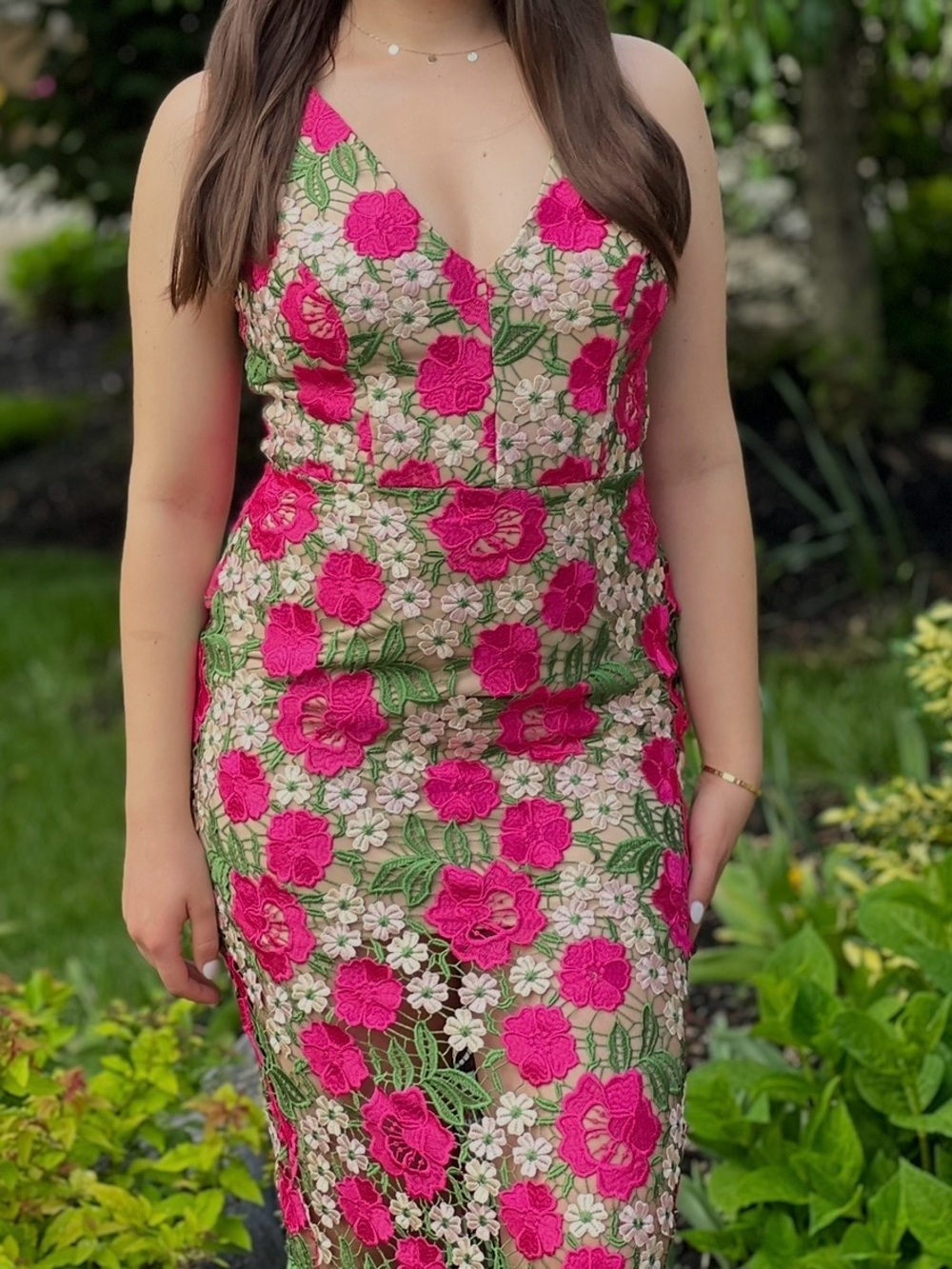 Xscape Beige Dress with Pink & Green Floral Embroidery